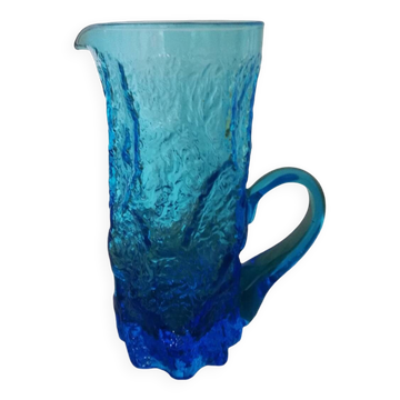 Pichet Verre Bleu Effet Écorce Texture Bosselée Geoffrey Baxter Ou Ingrid Glasshütte Années 60-70