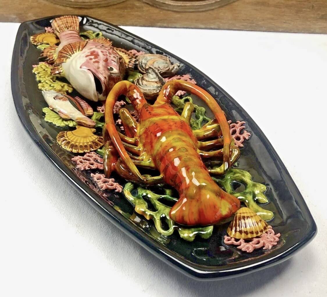 Large Vallauris slip dish 57x25 cm lobster fish