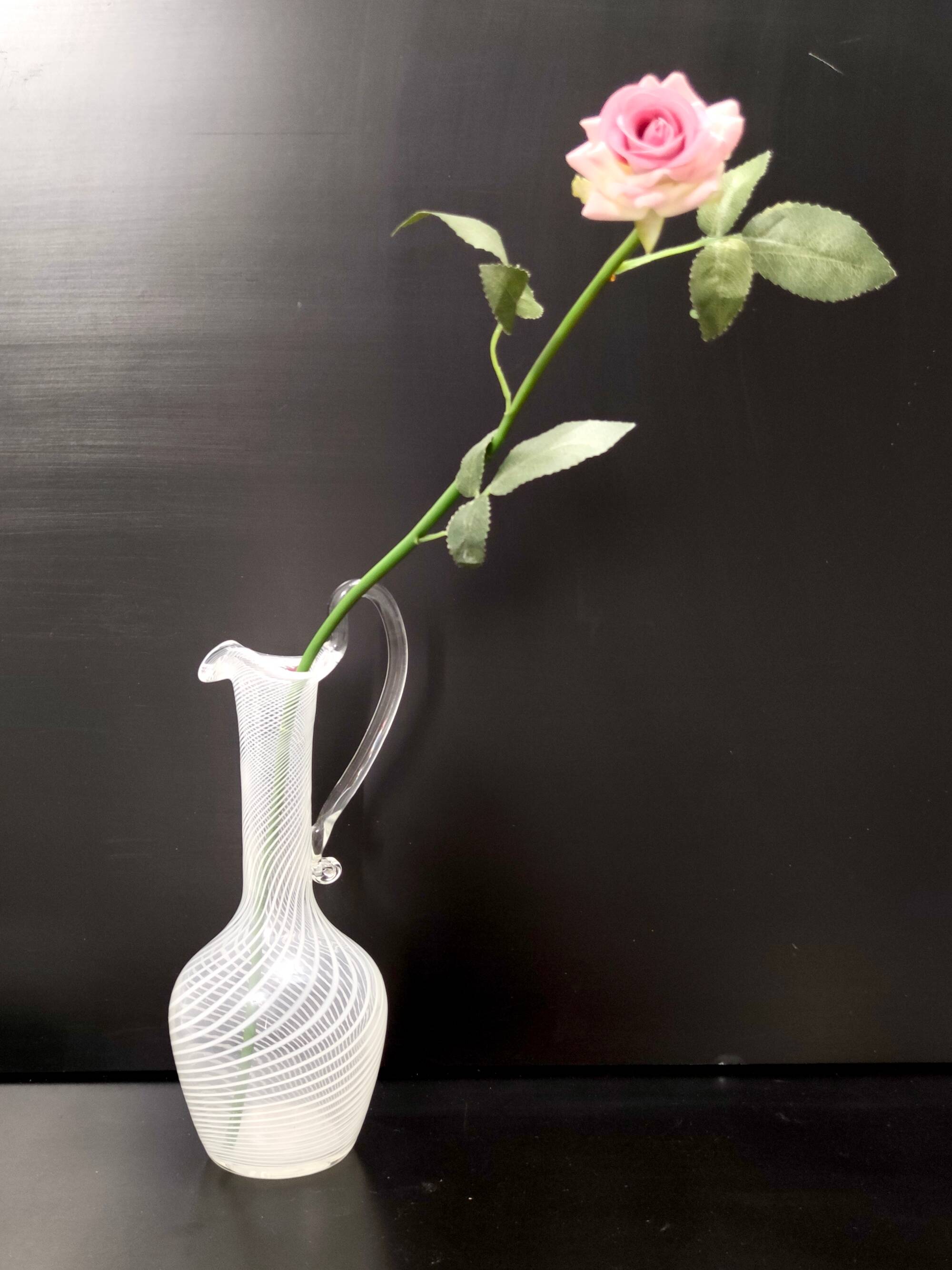 Murano Glass Pitcher Vase with White and Transparent Canes, Italy
