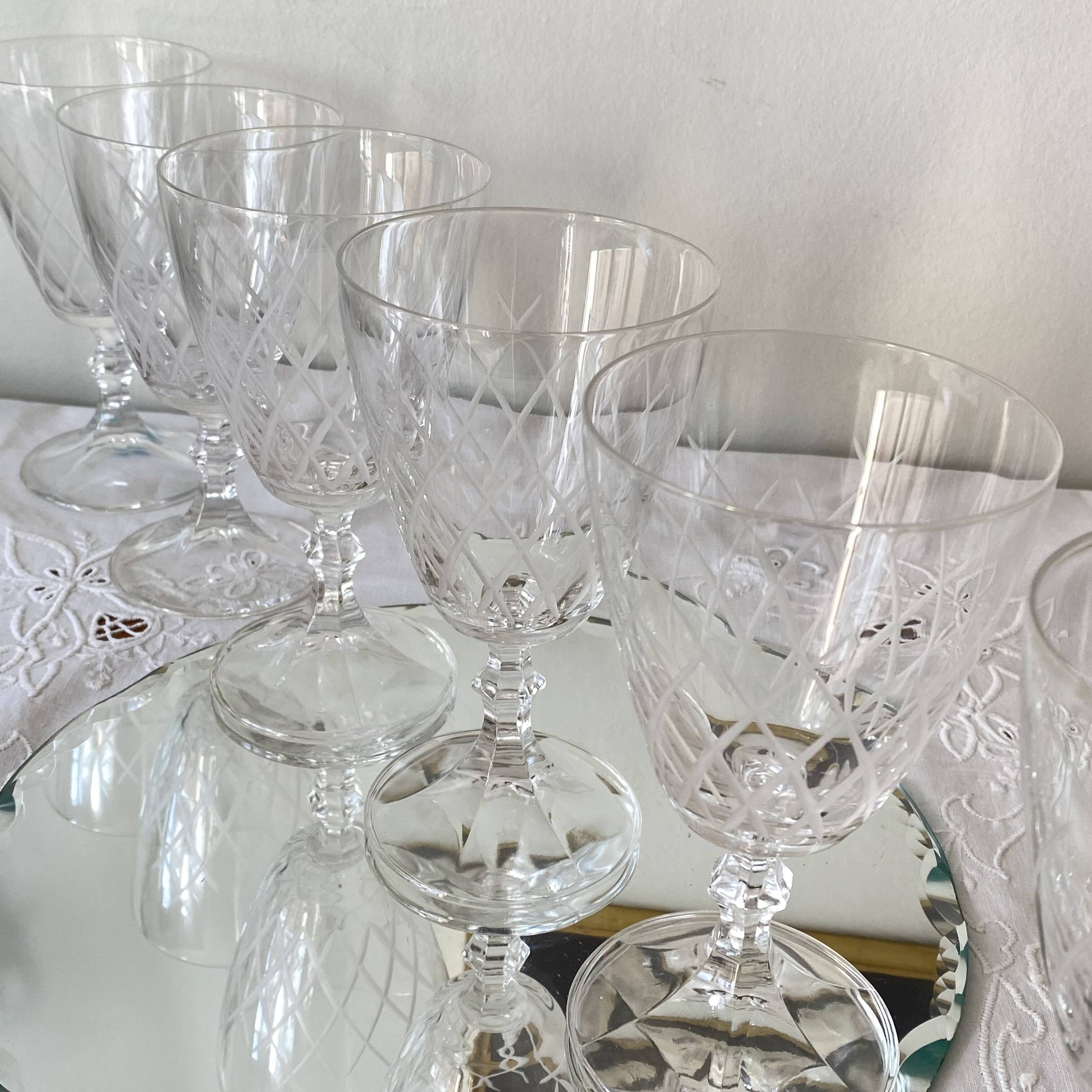 6 large antique engraved glasses for wine or water