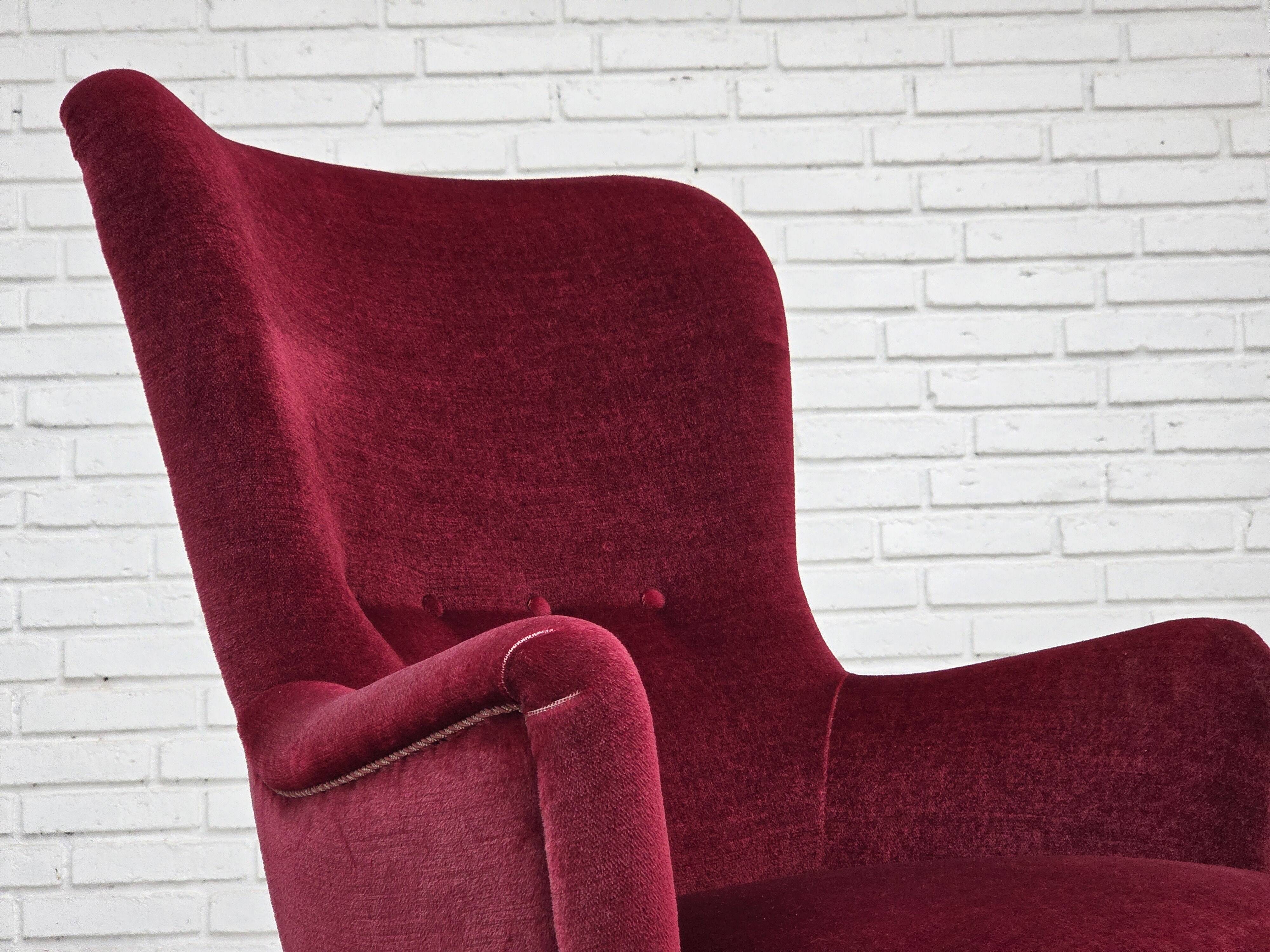 1970s, Danish highback armchair, red furniture velour, beech wood.
