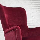 1970s, Danish highback armchair, red furniture velour, beech wood.