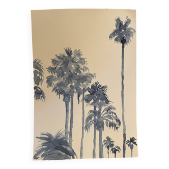 Tableau signé aquarelle monochrome bleue « palmiers »