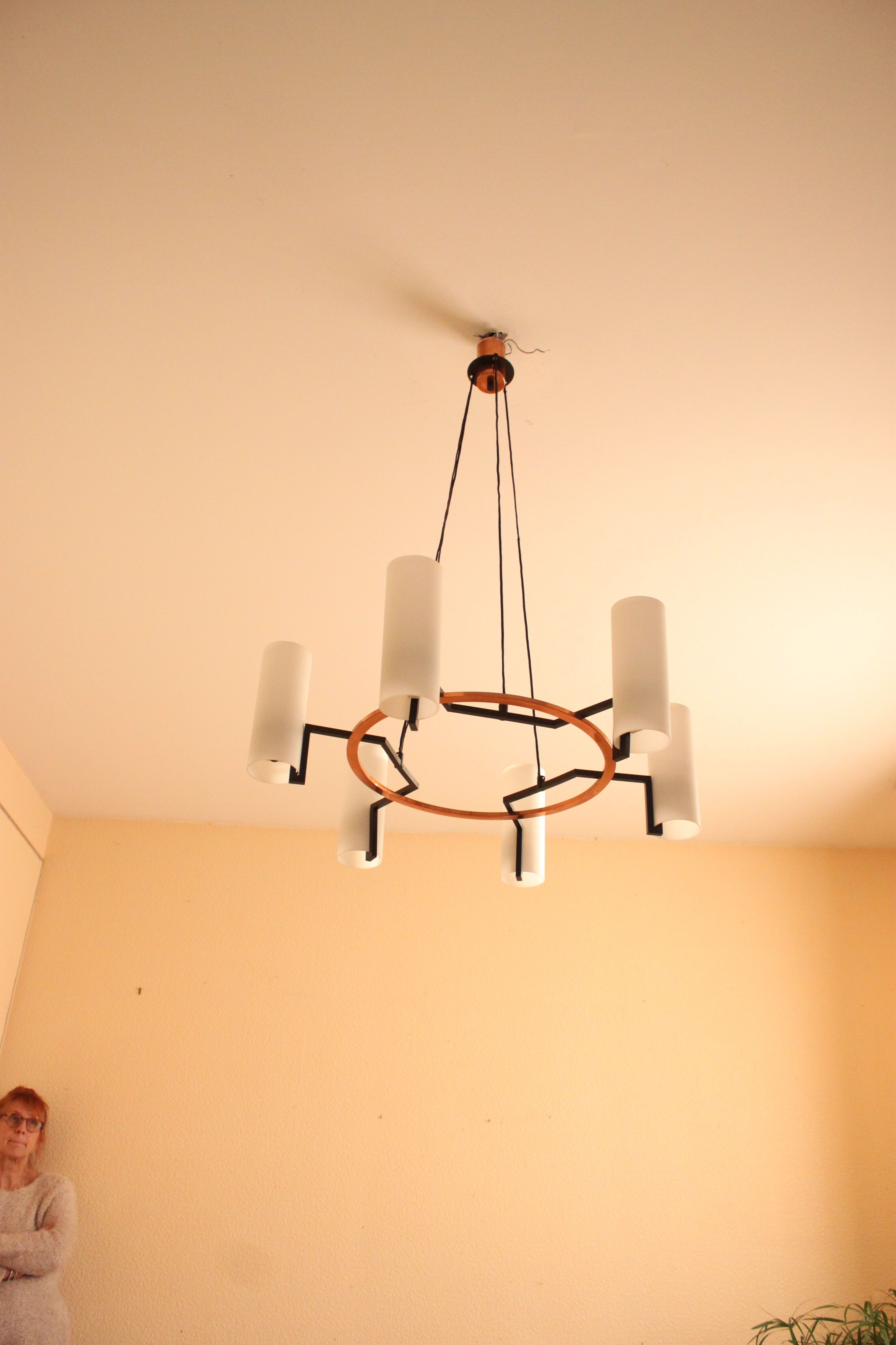 Modernist chandelier of the 60s, copper and opaline, cathedral