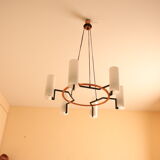 Modernist chandelier of the 60s, copper and opaline, cathedral