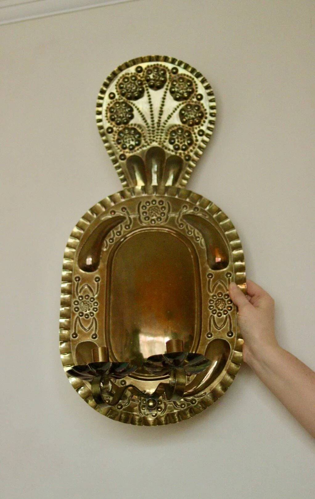 X-large mid-century Swedish brass Baroque sconce with double arm design