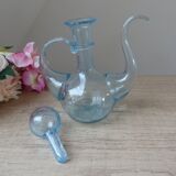 Ensemble Petits Huilier et Vinaigrier en Verre Bullé et Soufflé Bleu Signé Biot
