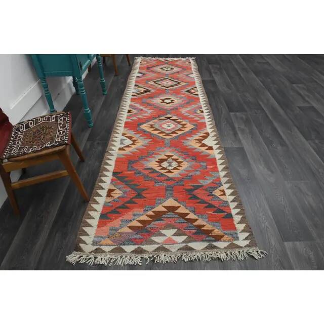 1970s Vintage Turkish Oushak Handmade Wool Cotton Pink Runner Rug 102x335
