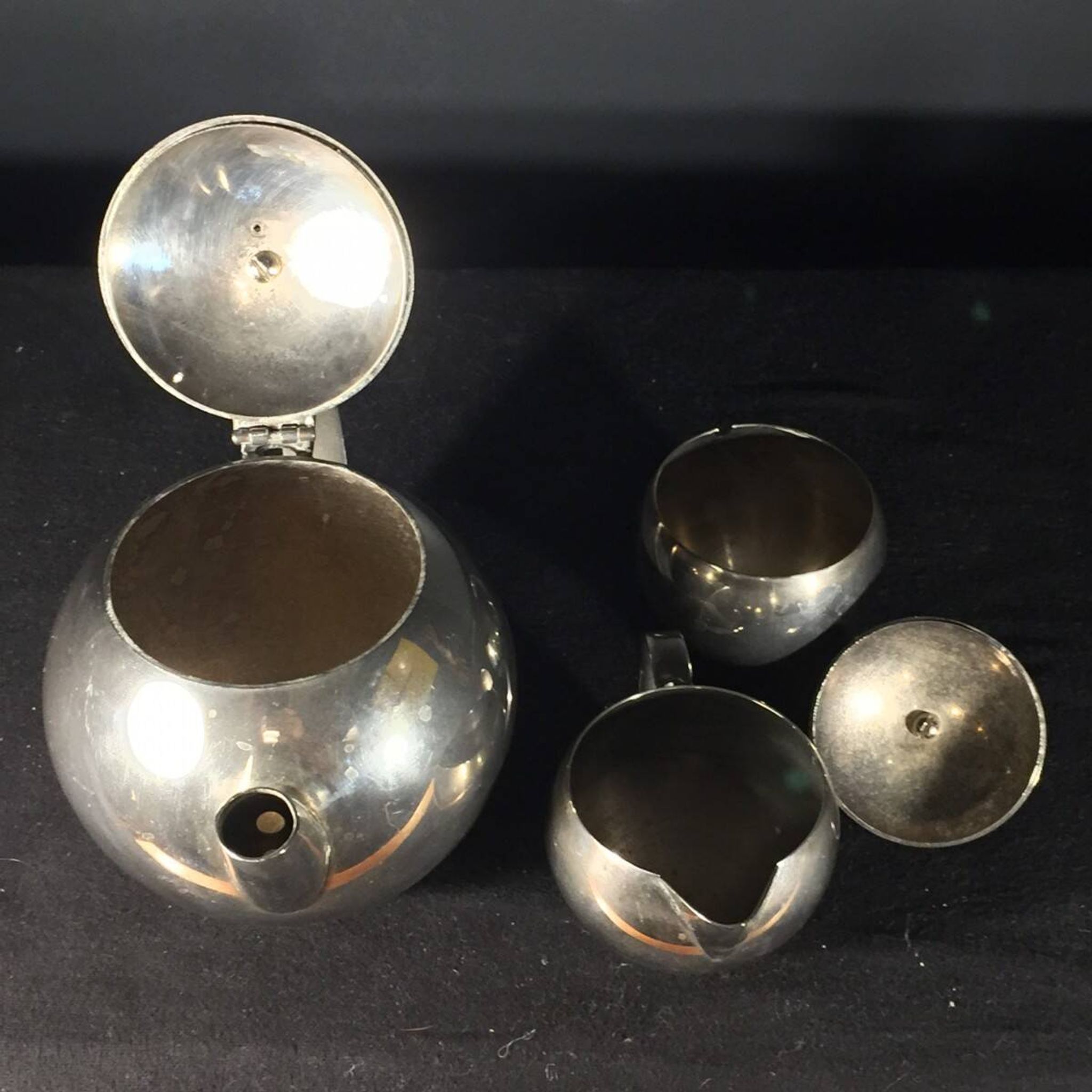 Service à Thé / Café en métal argenté Design Art Déco Moderniste, ca 1940