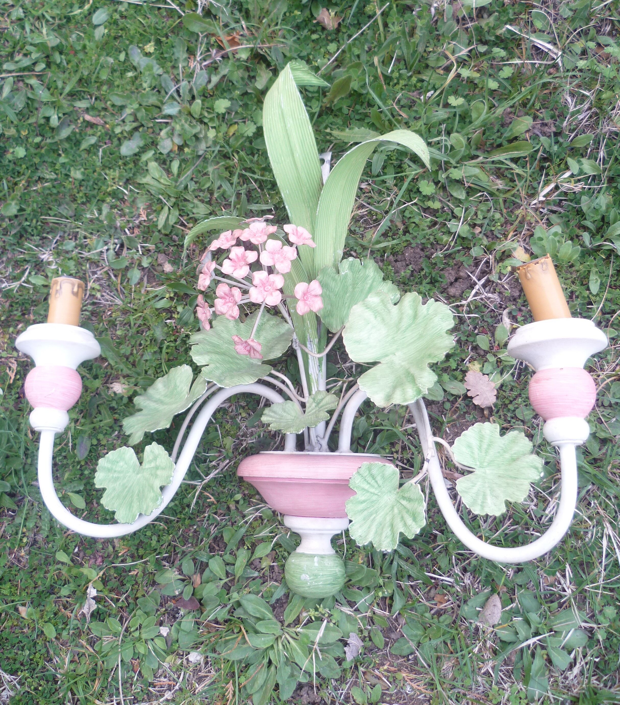 Pair of metal sconces painted spring flowers vintage