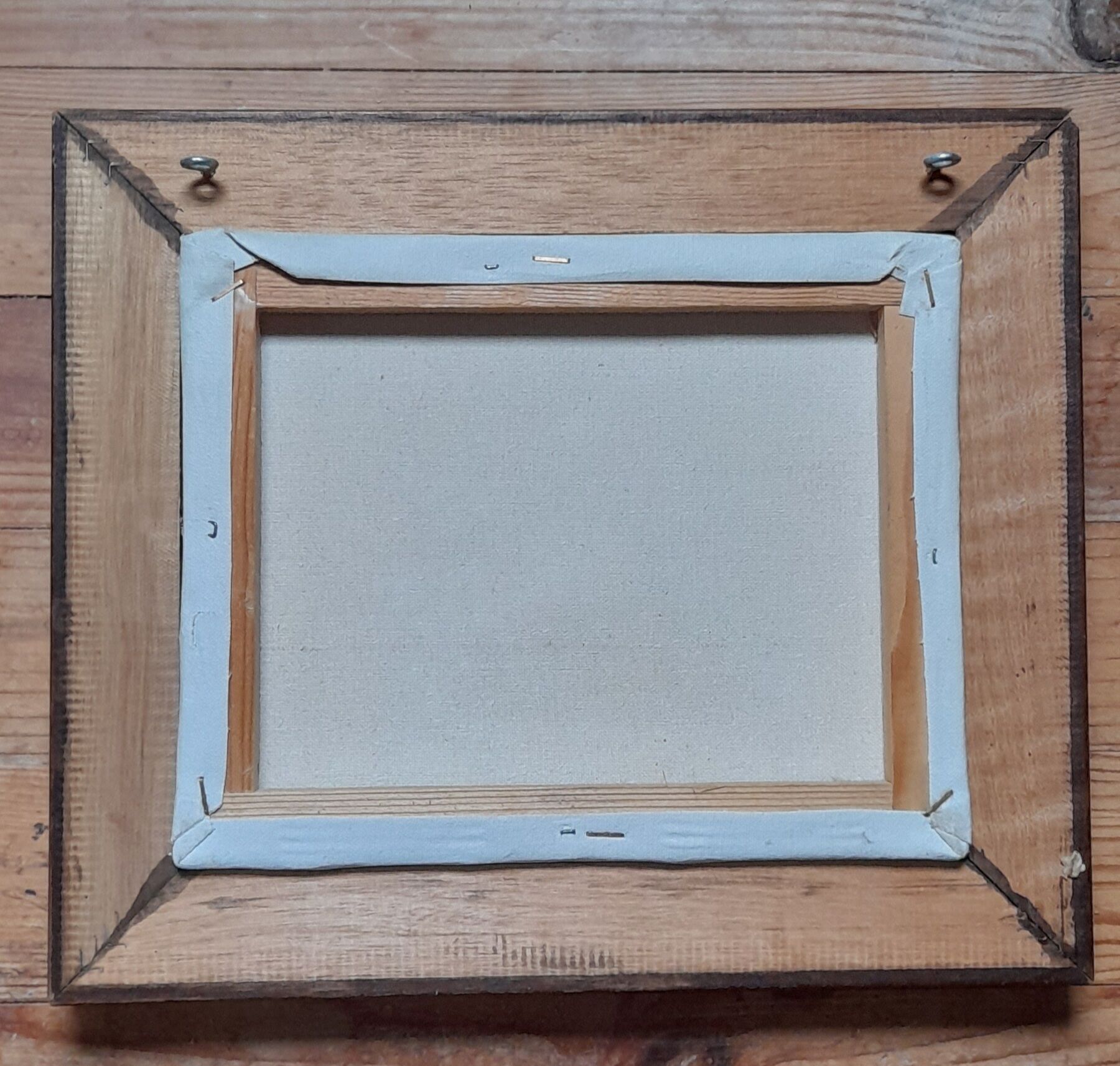 Old oil painting on canvas, country house, dark solid wood frame, mid-century