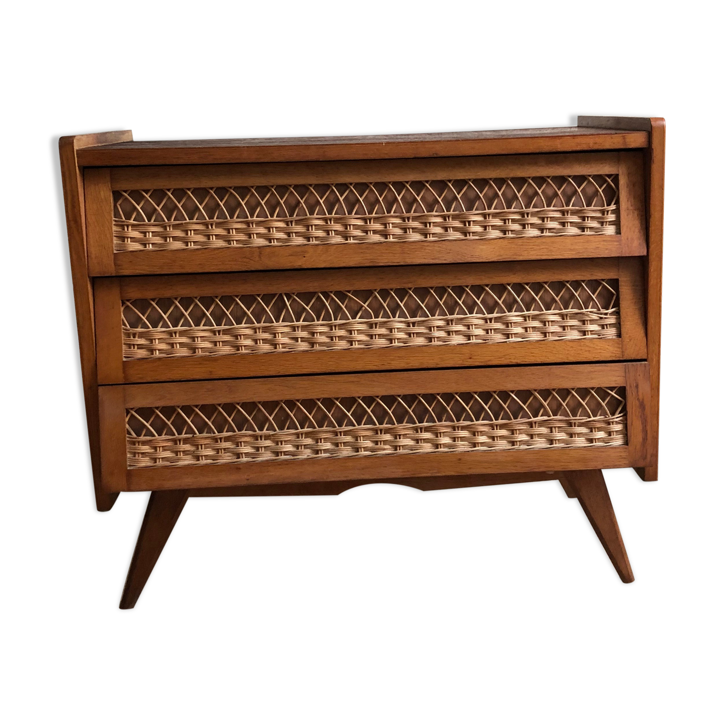 Vintage wood and rattan chest of drawers