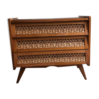 Vintage wood and rattan chest of drawers