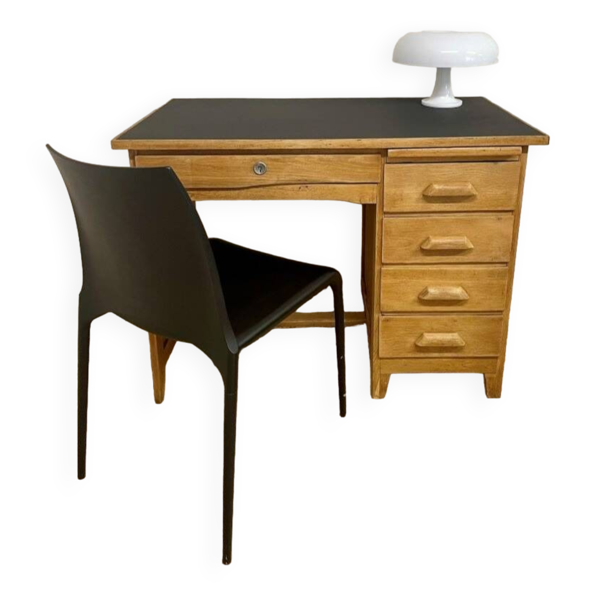Vintage solid oak, wood and black desk