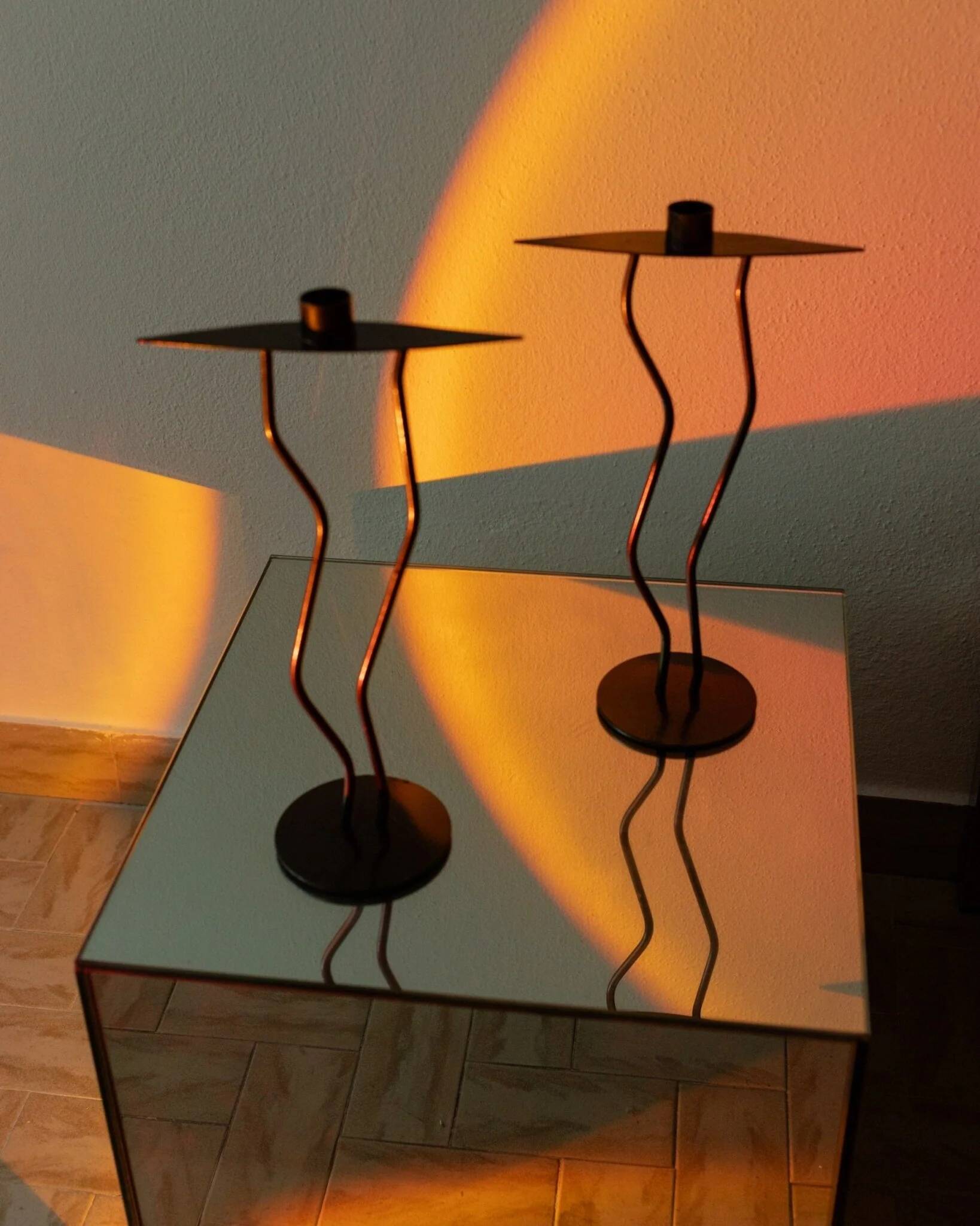 Dark Bronze Metal Candlesticks, Zigzag Postmodern Memphis Style, 2-Piece Set, Italy 1990s
