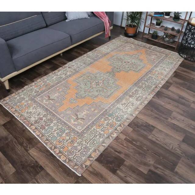 Vintage Turkish Oushak Handmade Orange Wool Rug 139x259