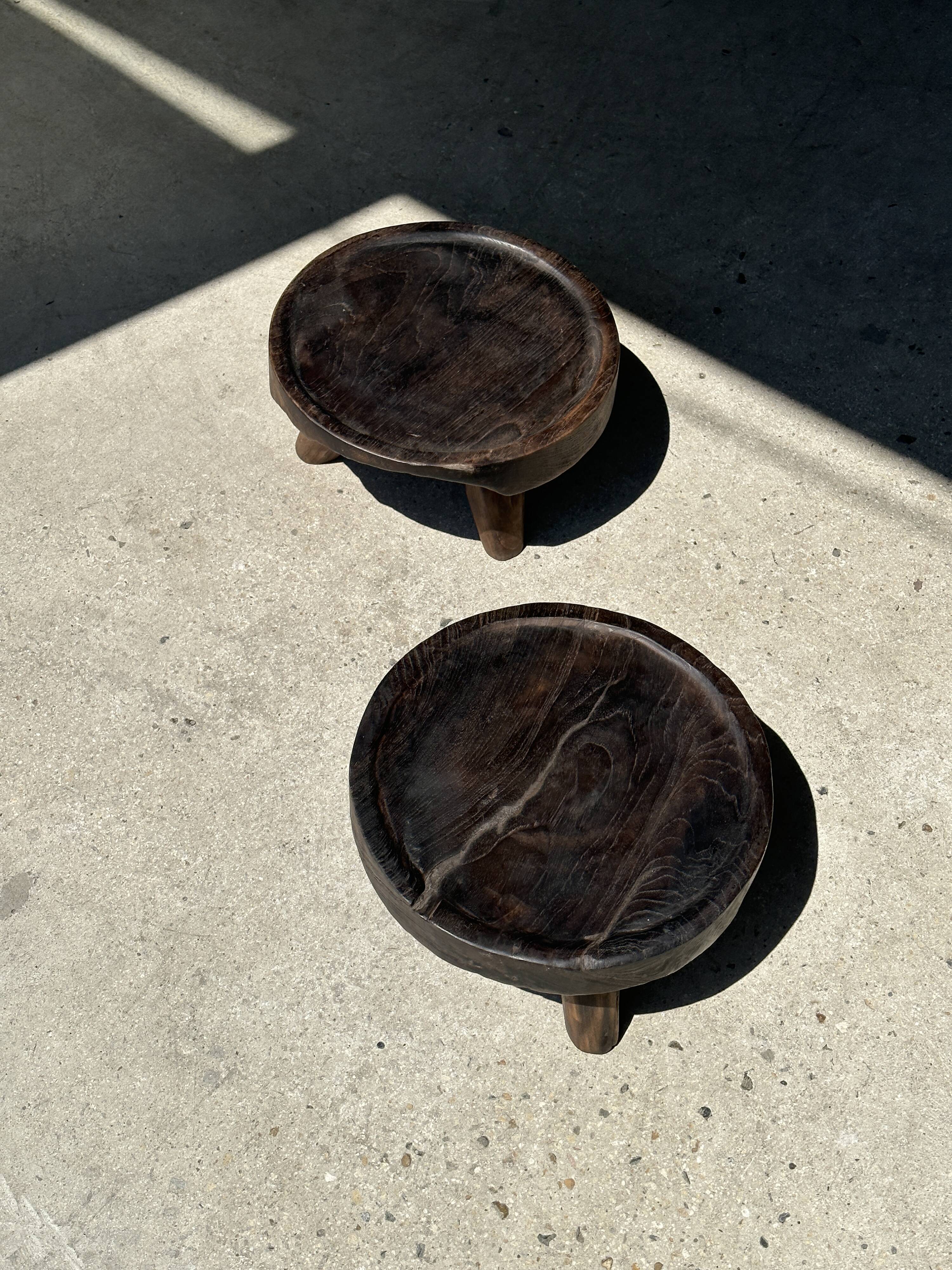 Small tripod stool low in dark brown upcycled teak