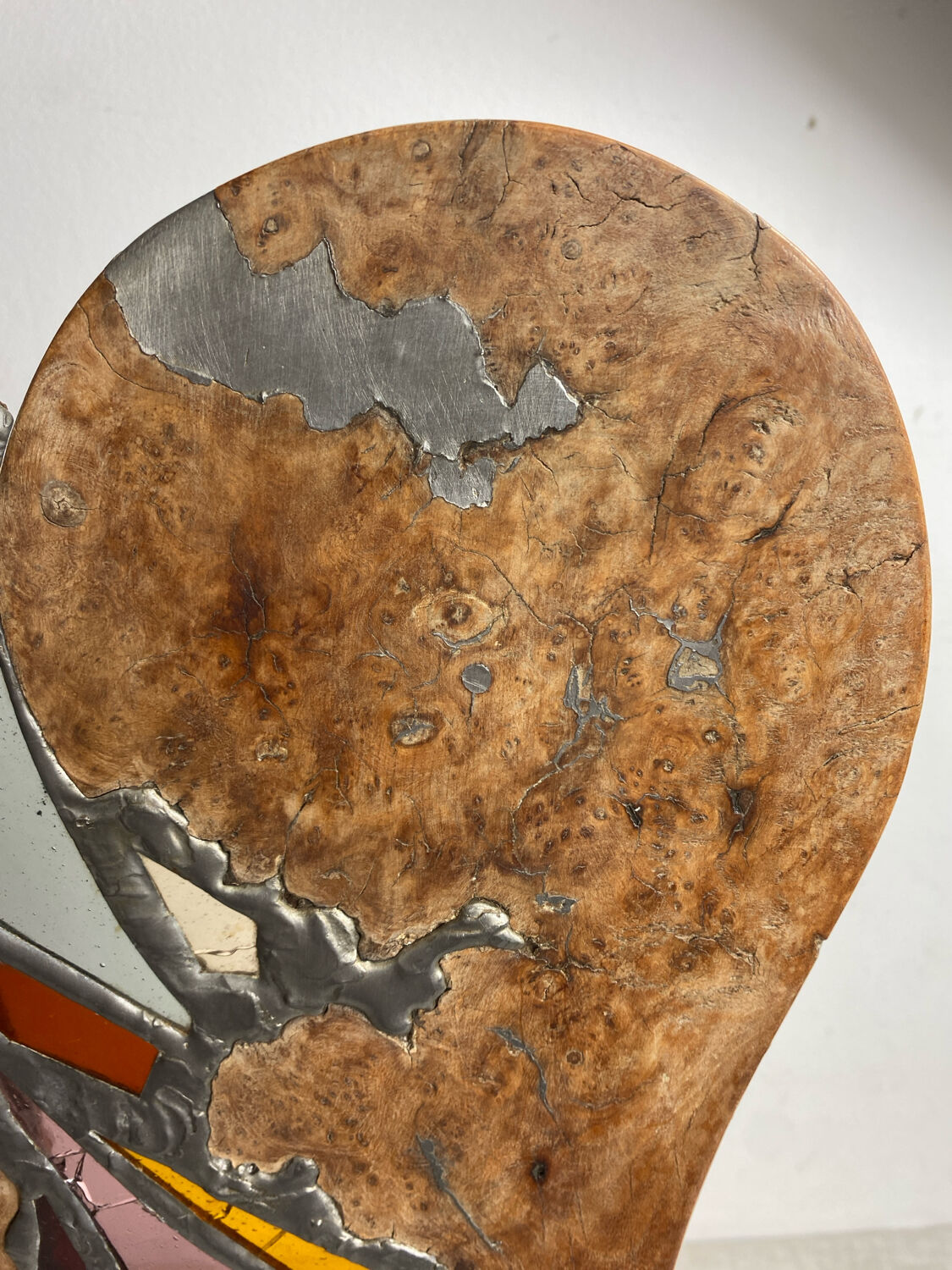 Carved wooden lamp and stained glass