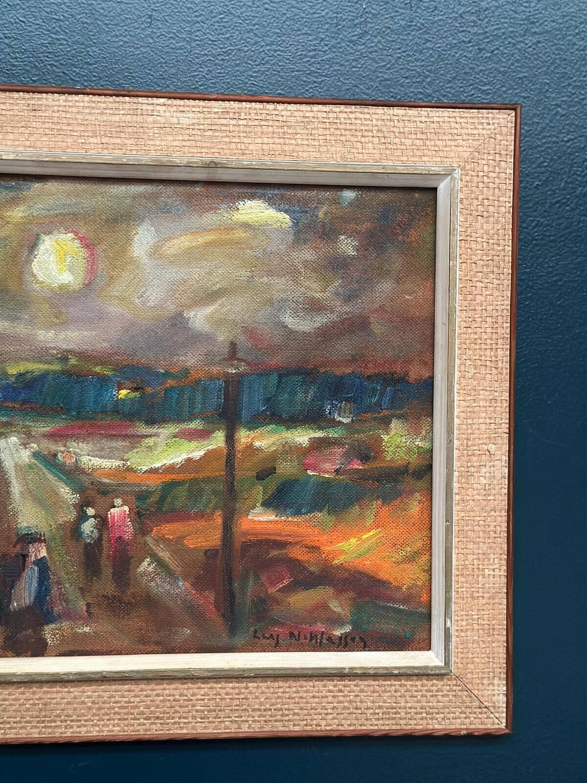 Original Swedish Oil on Panel – “Landscape with Figures” by Lars Niklasson