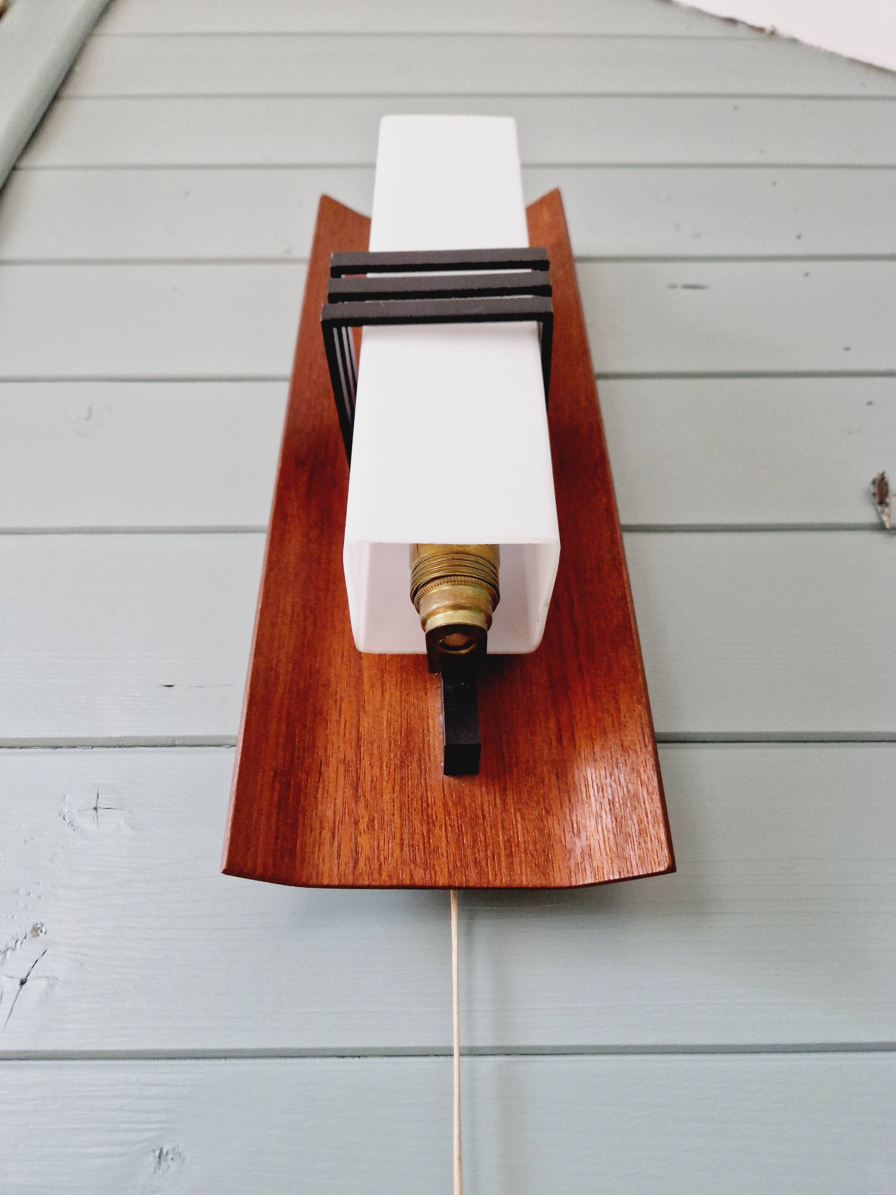Scandinavian wall light in opaline and teak, 1960s