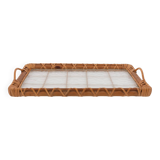 Plateau de service vintage italien en osier et verre, Italie années 1970