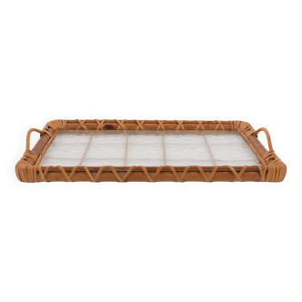 Vintage Italian wicker and glass serving tray, Italy 1970’s