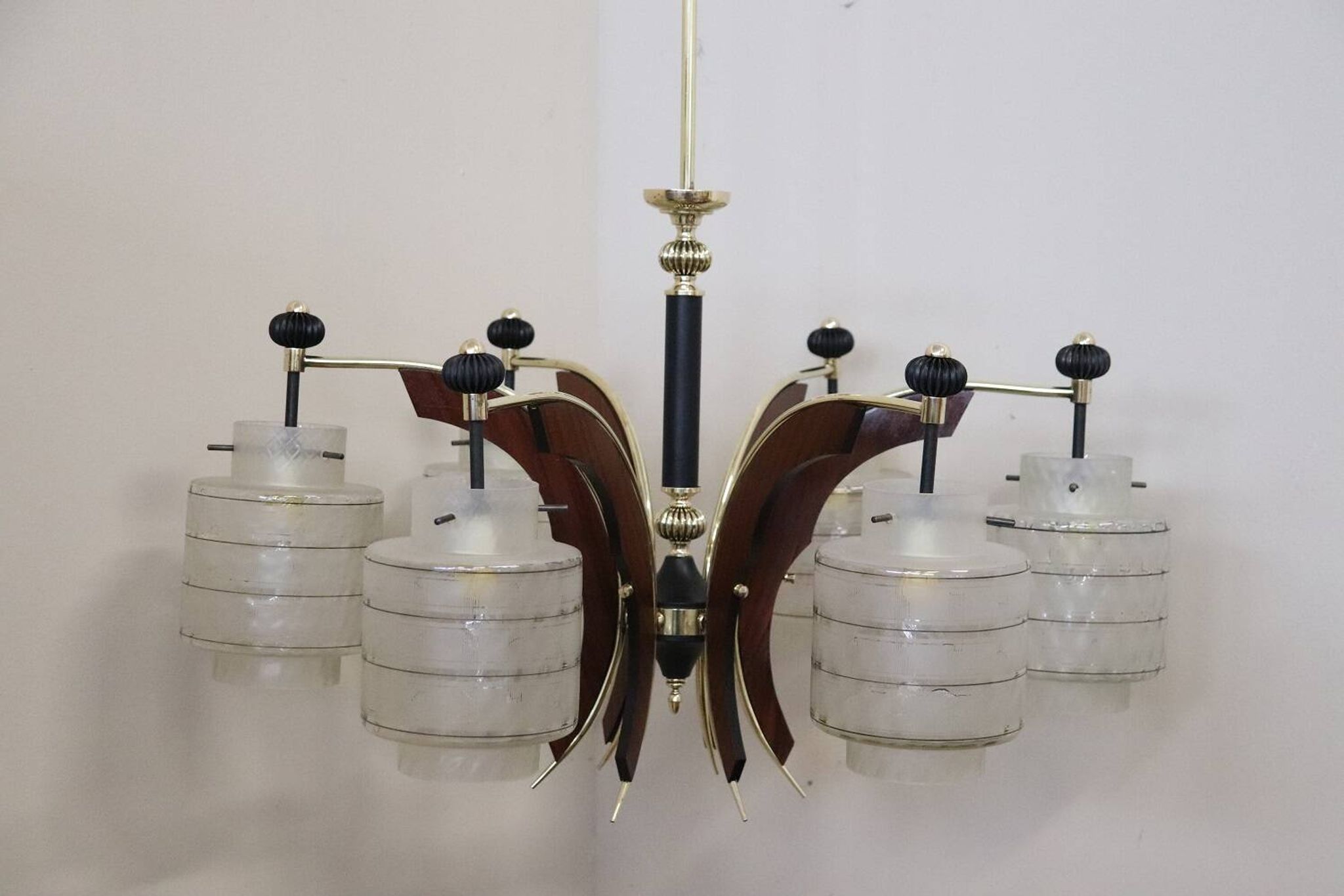 Glass, wood, brass and black lacquered metal chandelier, Italy, 1950