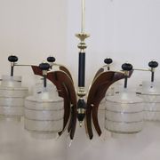 Glass, wood, brass and black lacquered metal chandelier, Italy, 1950