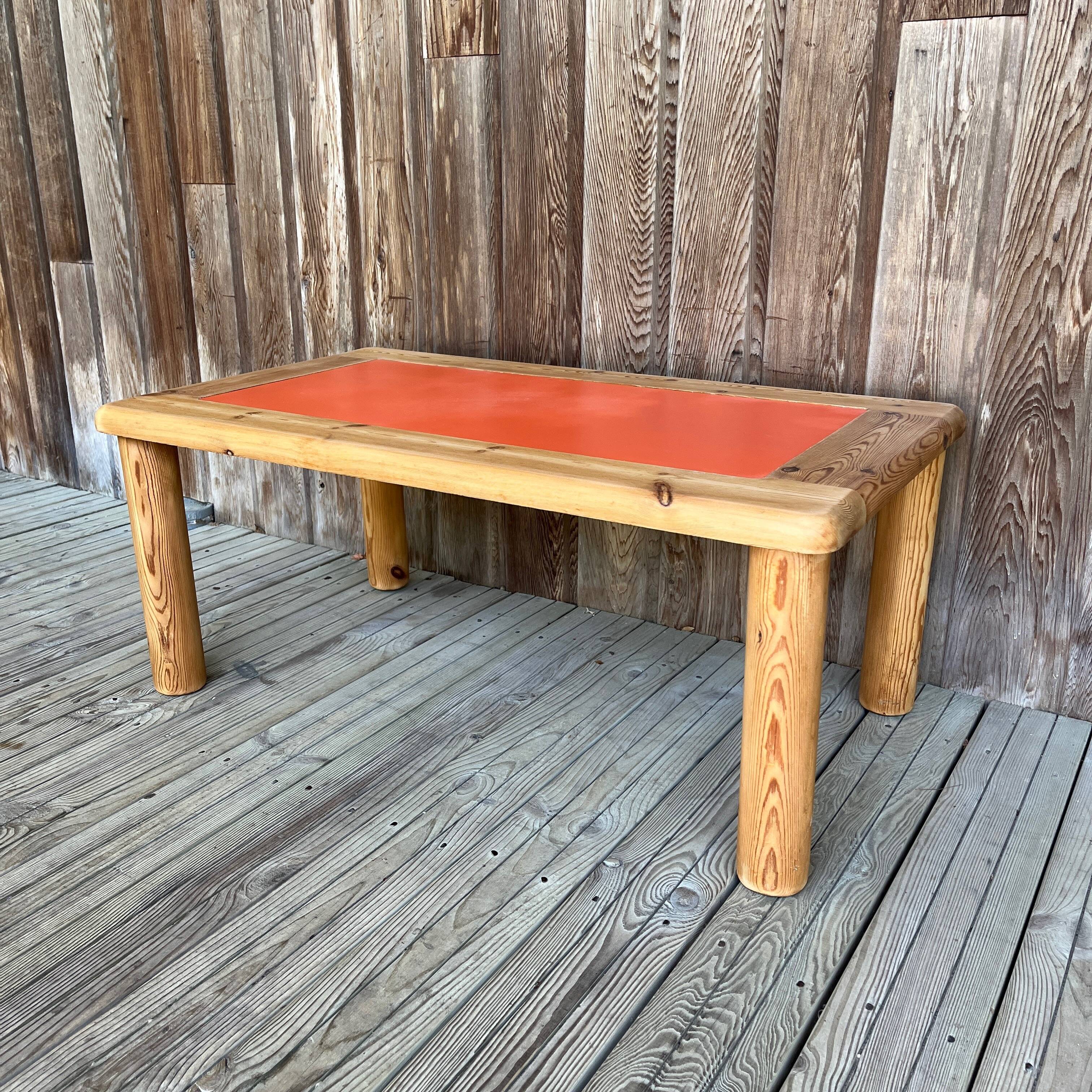 Modernist pine and orange lacquered coffee table, 1970s