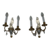 Pair of Wall Lights with Parrot in Moulded Glass and Crystal with Two Arms of Light