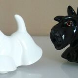 Salt and pepper shakers, glazed ceramic, Scottish terrier dog, signed