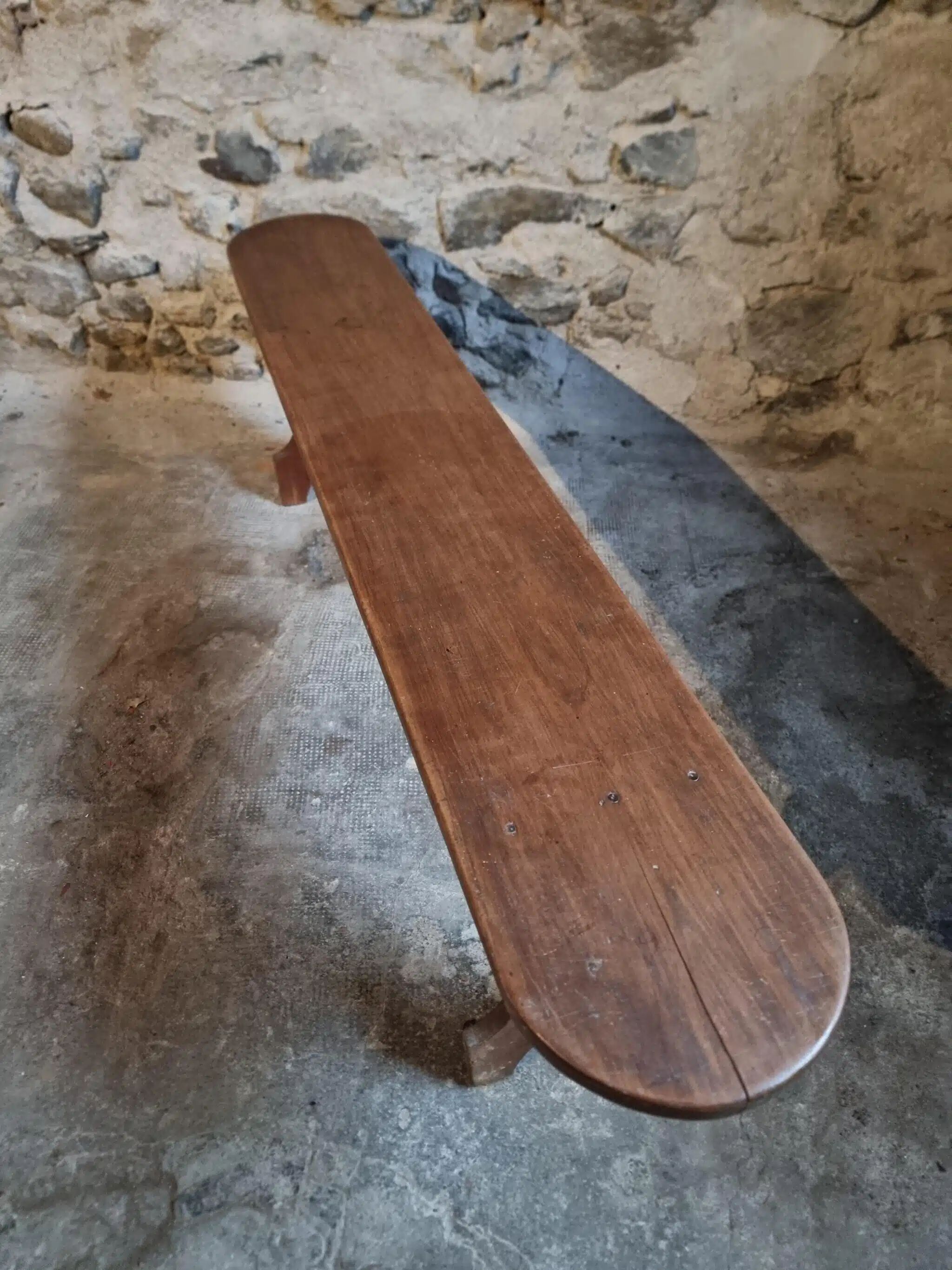 French cherry wood bench, 1930s, narrow wooden bench.