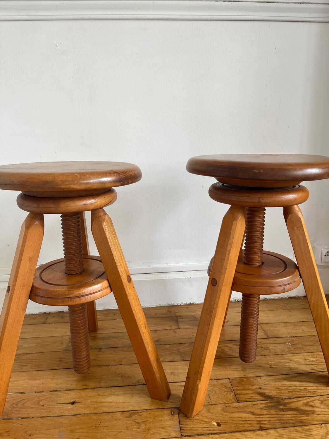 Pair of solid wood screw stools