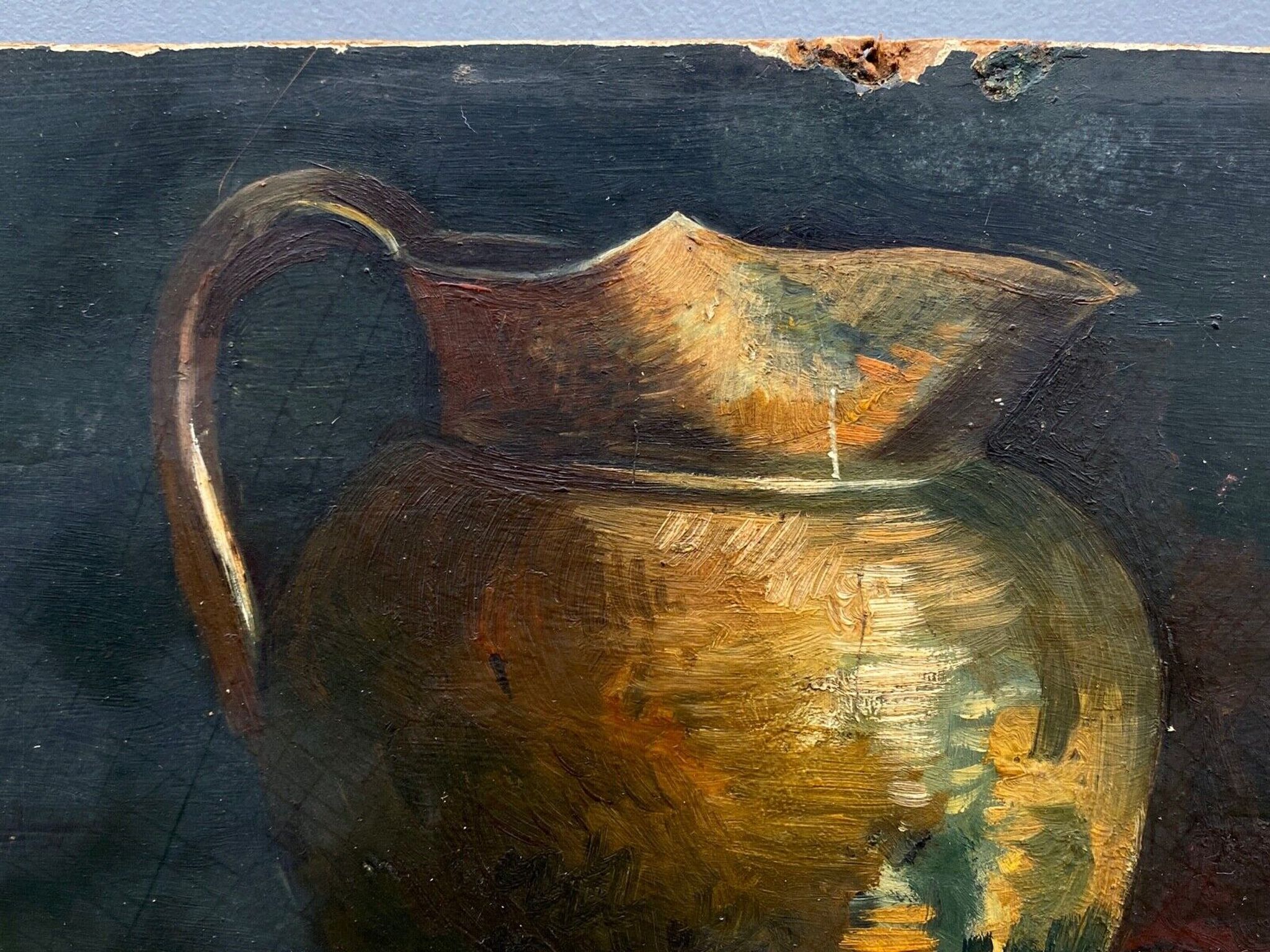 Oil on cardboard still life with pitcher and onions early twentieth century