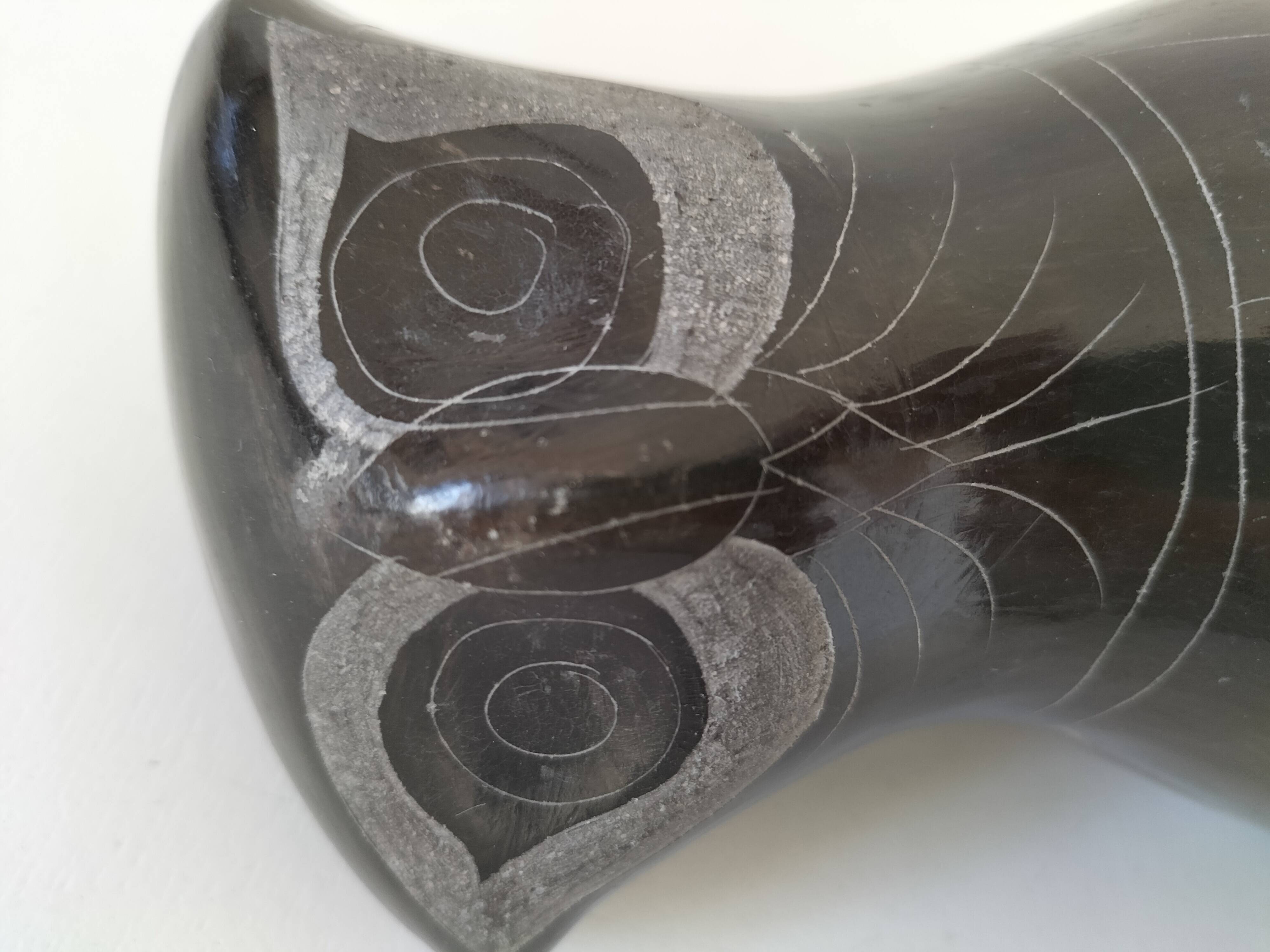 Engraved black ceramic owl signed Mexico