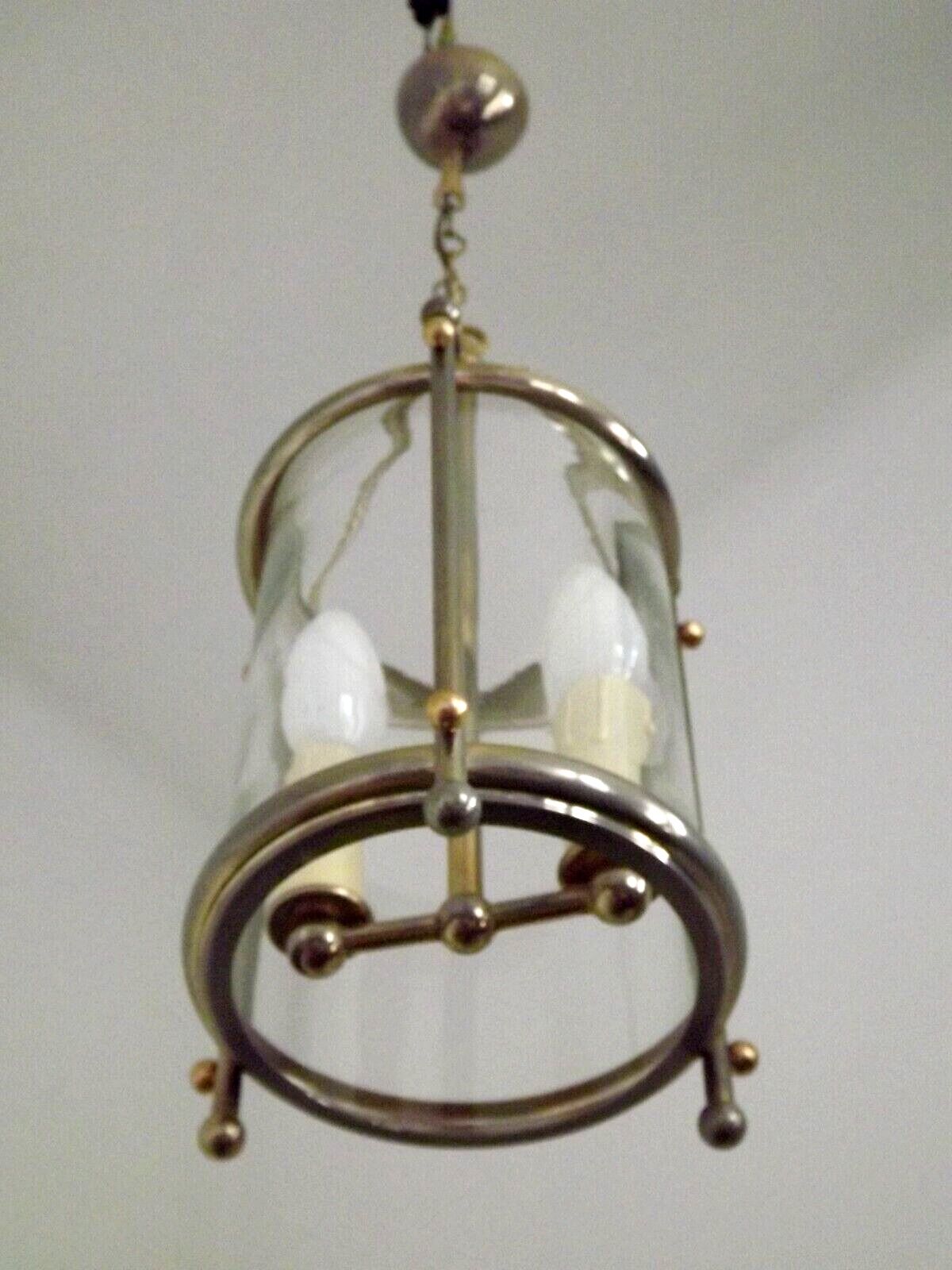 French vintage silver finished brass cylindrical glass 2 light hall lantern 3929