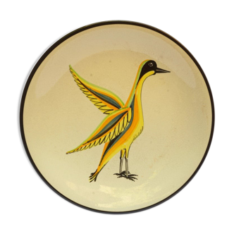 Plat oiseau en céramique du milieu du siècle, peinte à la main Français poterie d’art Uzes signée A Rochat