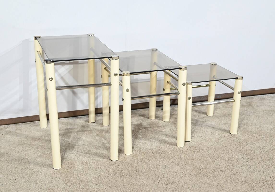 Tables Gigognes en Métal Beige, attribuées à Yves Boutboul – 1970