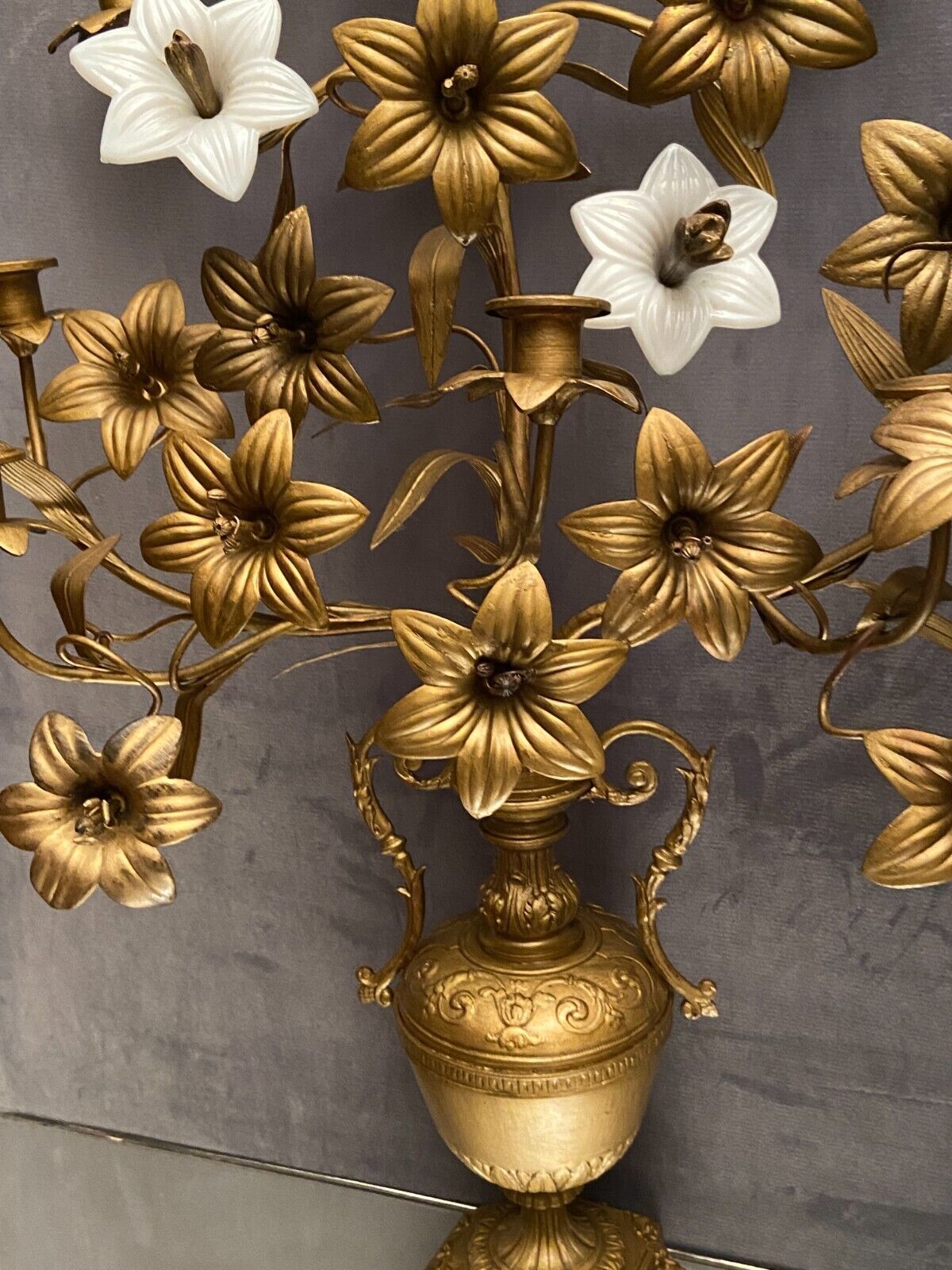 Pair of church candlesticks decorated with brass and opaline flowers nineteenth
