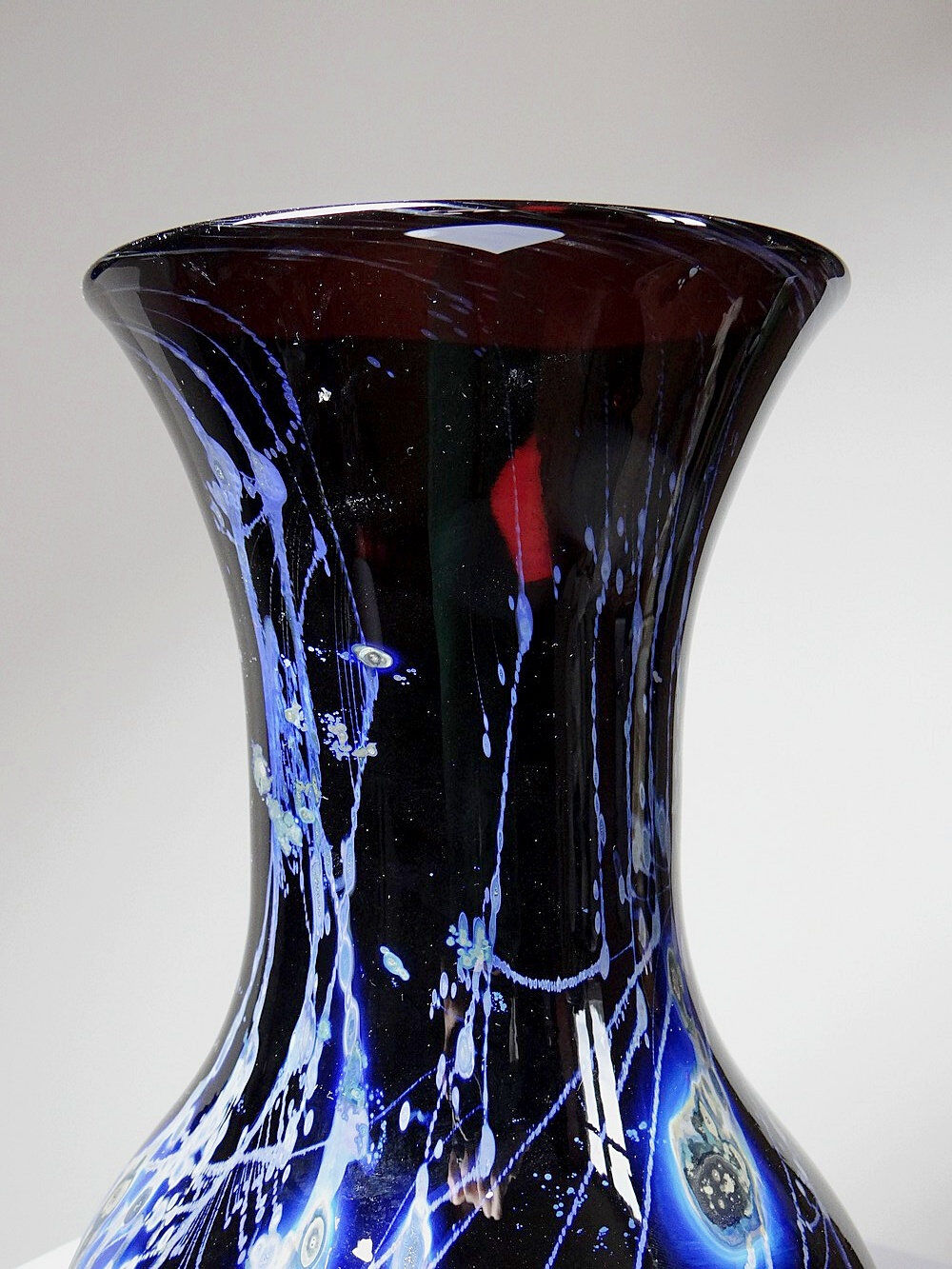 Large vintage purple art glass vase with silver glitter inclusions.