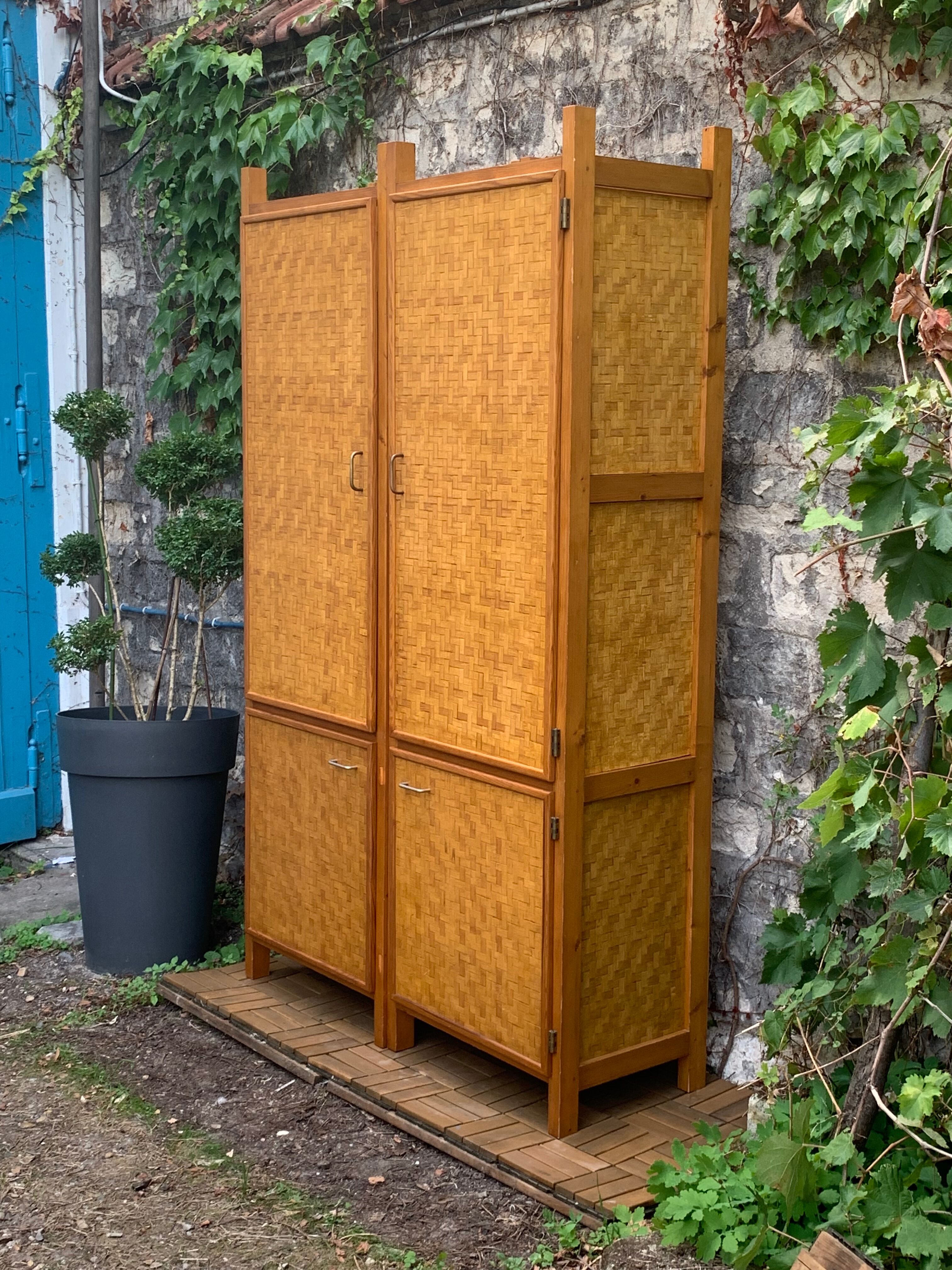 Bamboo cabinet woven and modular pine vintage 1960