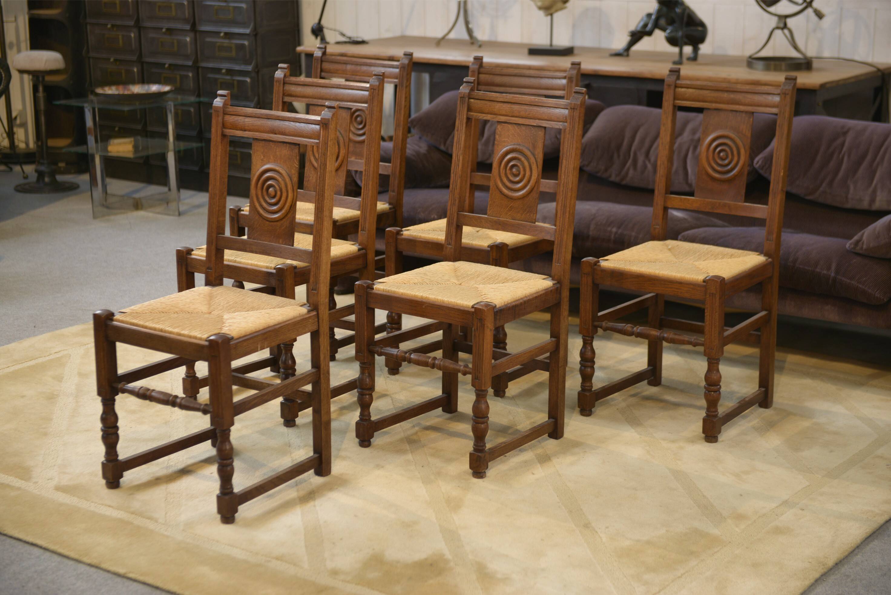Set of 6 brutalist oak chairs from the 1950s.