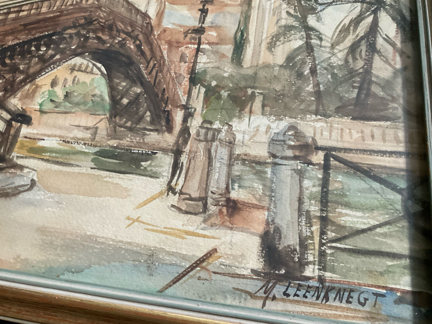 Tableau aquarelle signée avec cadre en bois doré