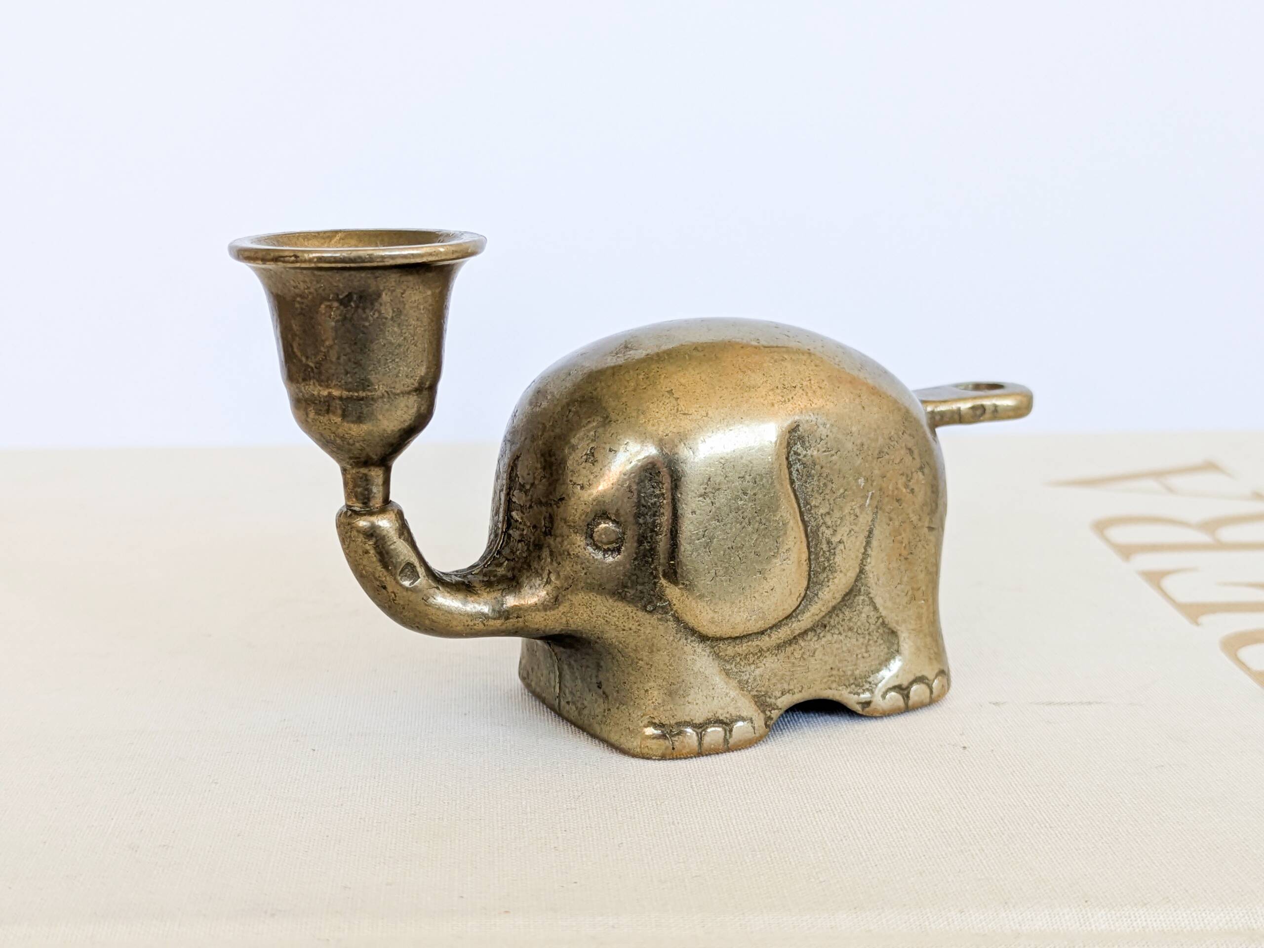 Vintage brass elephant figurine candle holder Haku mid-century