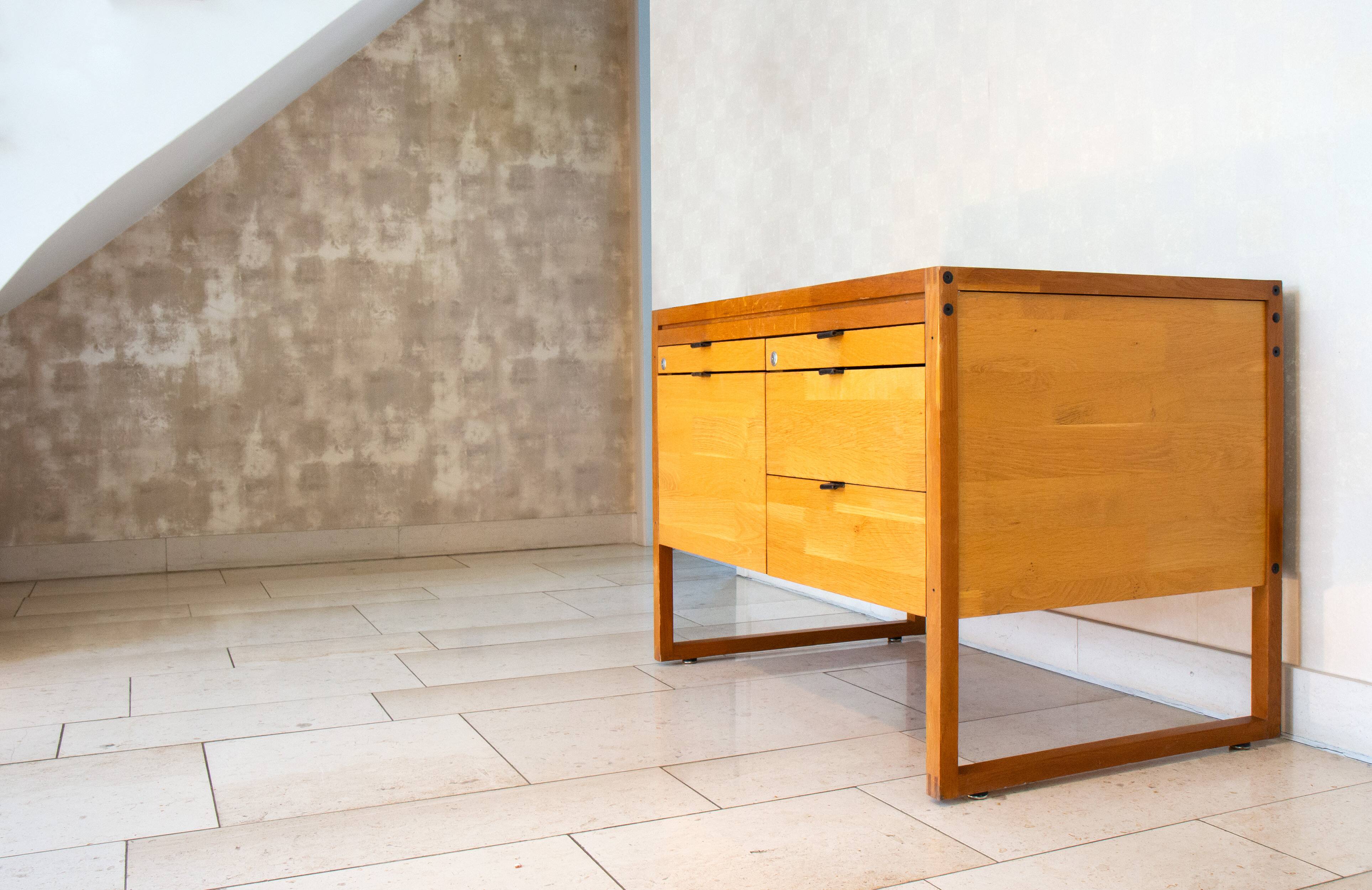 Scandinavian storage unit, solid wood and leather