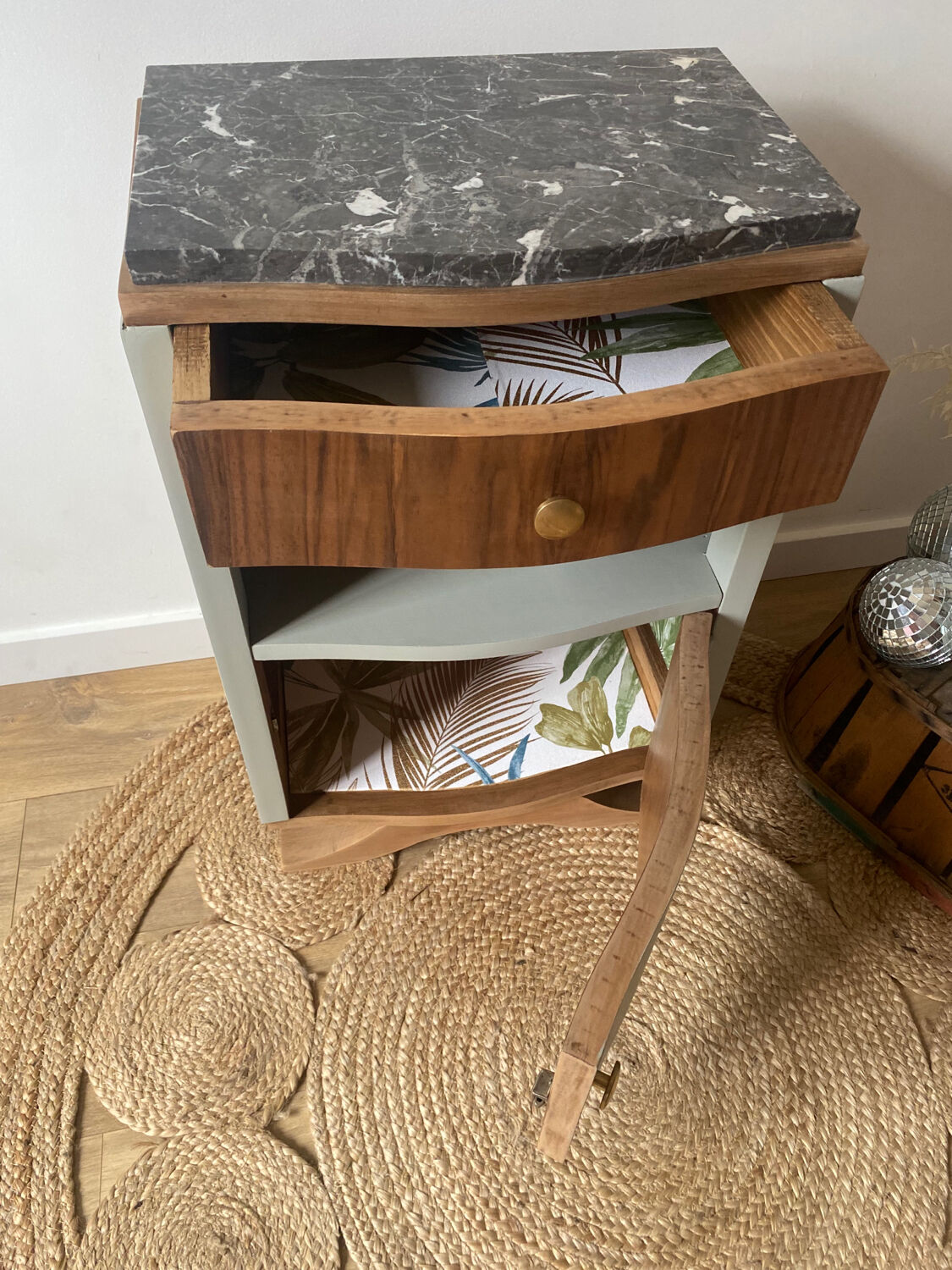 Pair of mismatched art deco bedside tables in green and wood