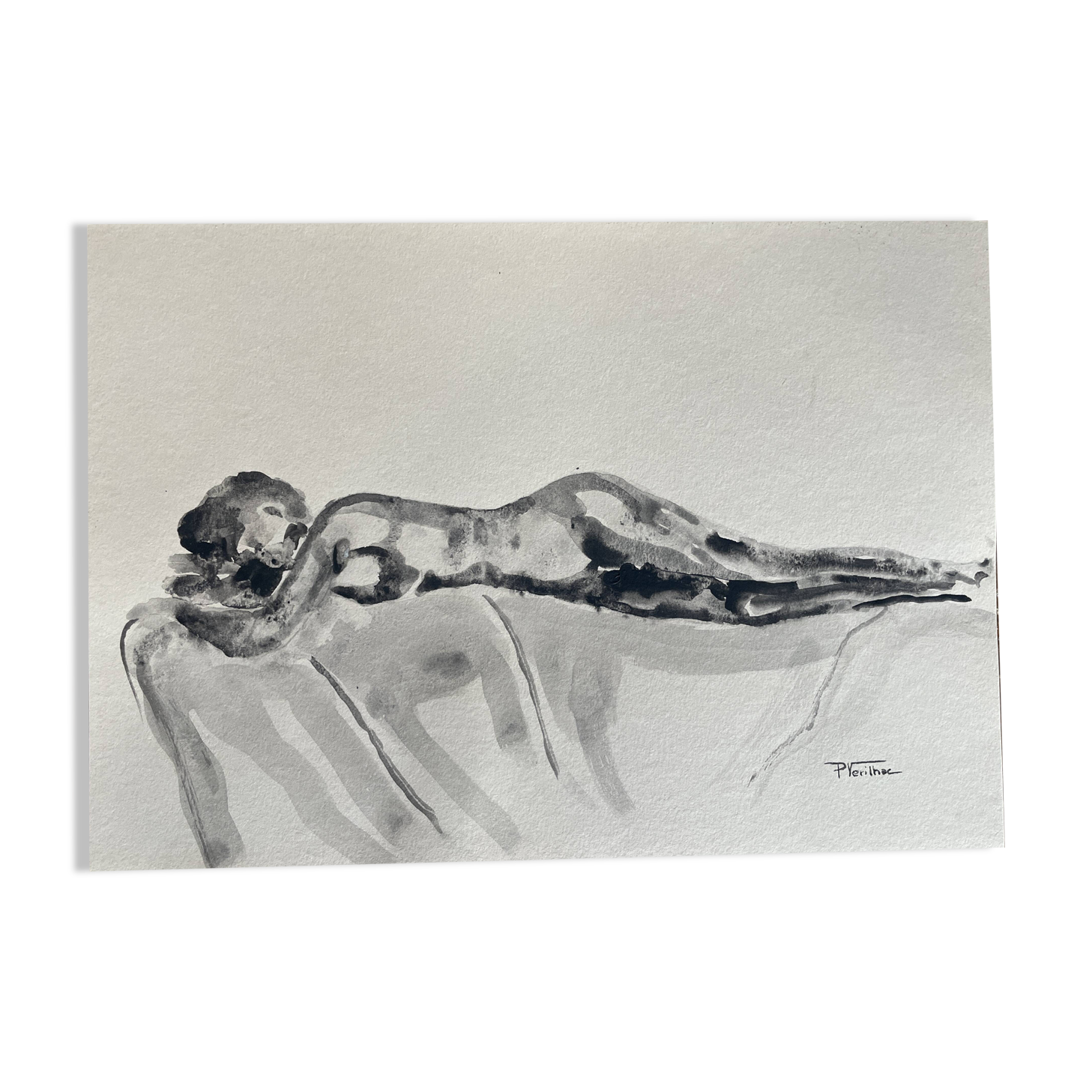Black monochrome watercolor of a reclining woman signed