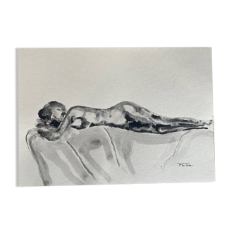 Black monochrome watercolor of a reclining woman signed
