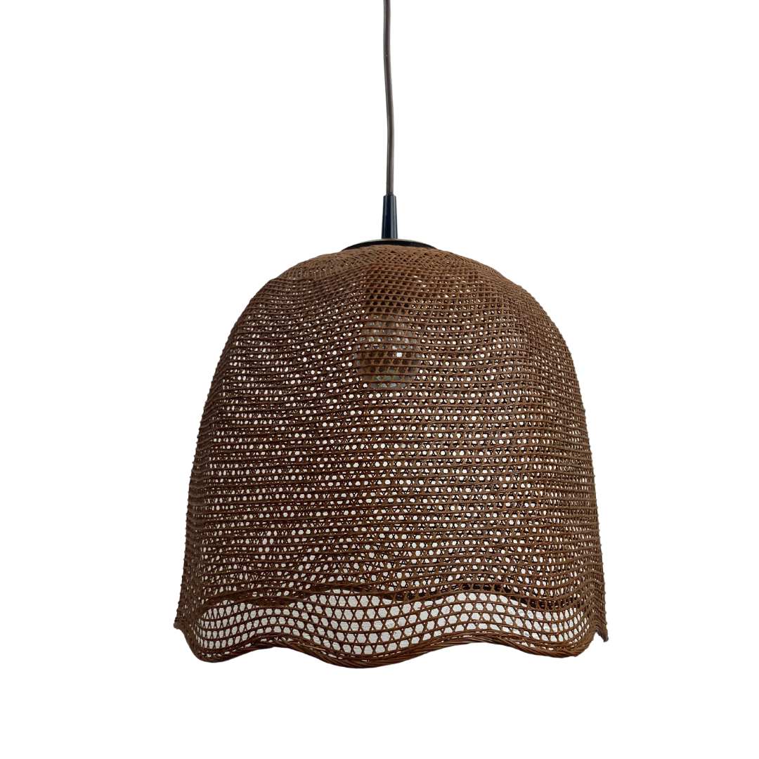Rattan wicker webbing beehive pedant hanging lamp with brass, Dutch 1960s