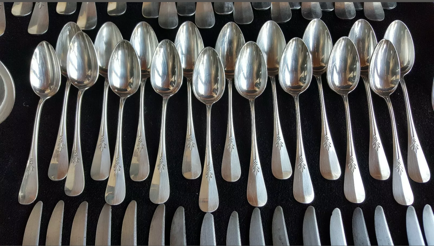 Cutlery set Alfenide Christofle 112 pieces goat's head punch white metal 1900